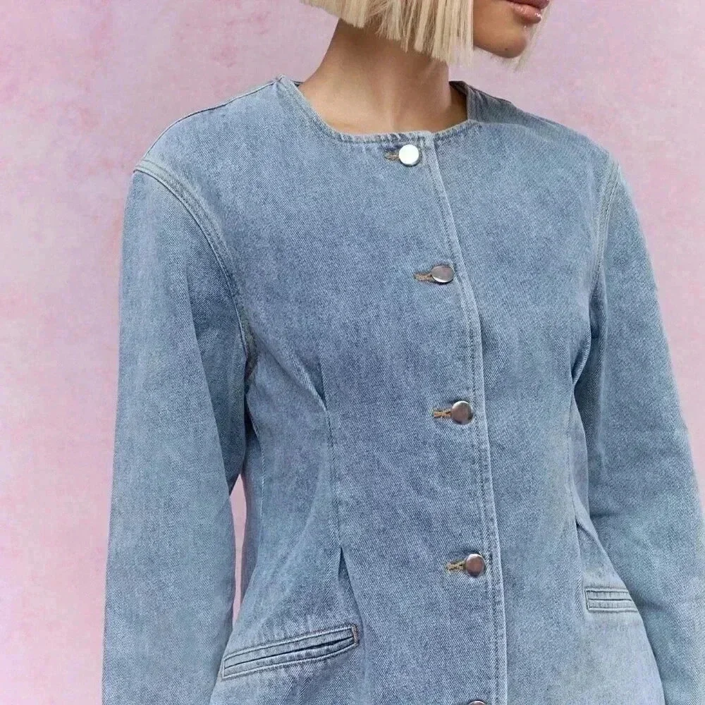 Blue Casual Women's Buttoned Round Collar Long Loose Sleeves Denim Jacket